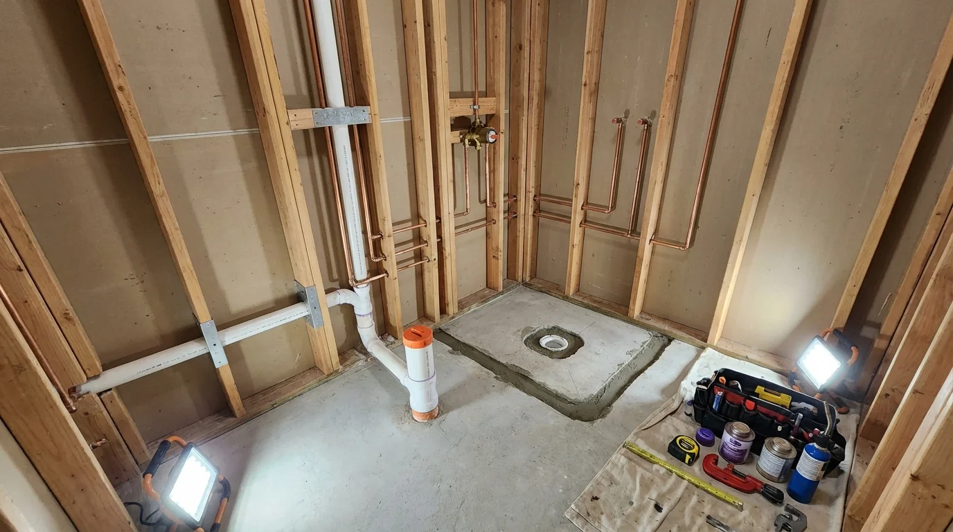 Bathroom rough-in plumbing during remodel by Johns Plumbing LLC in Maxton
