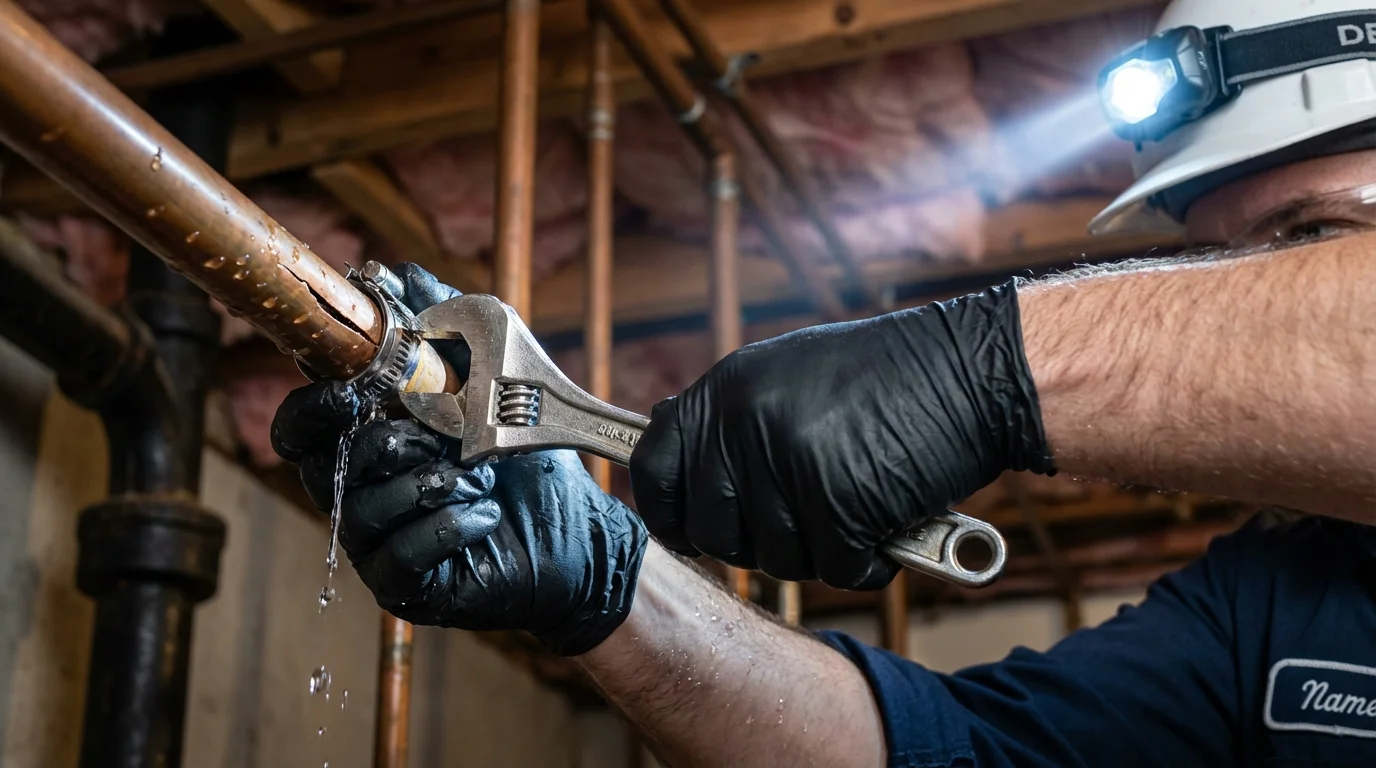 Emergency pipe clamp repair being performed by a Johns Plumbing LLC plumber in Maxton