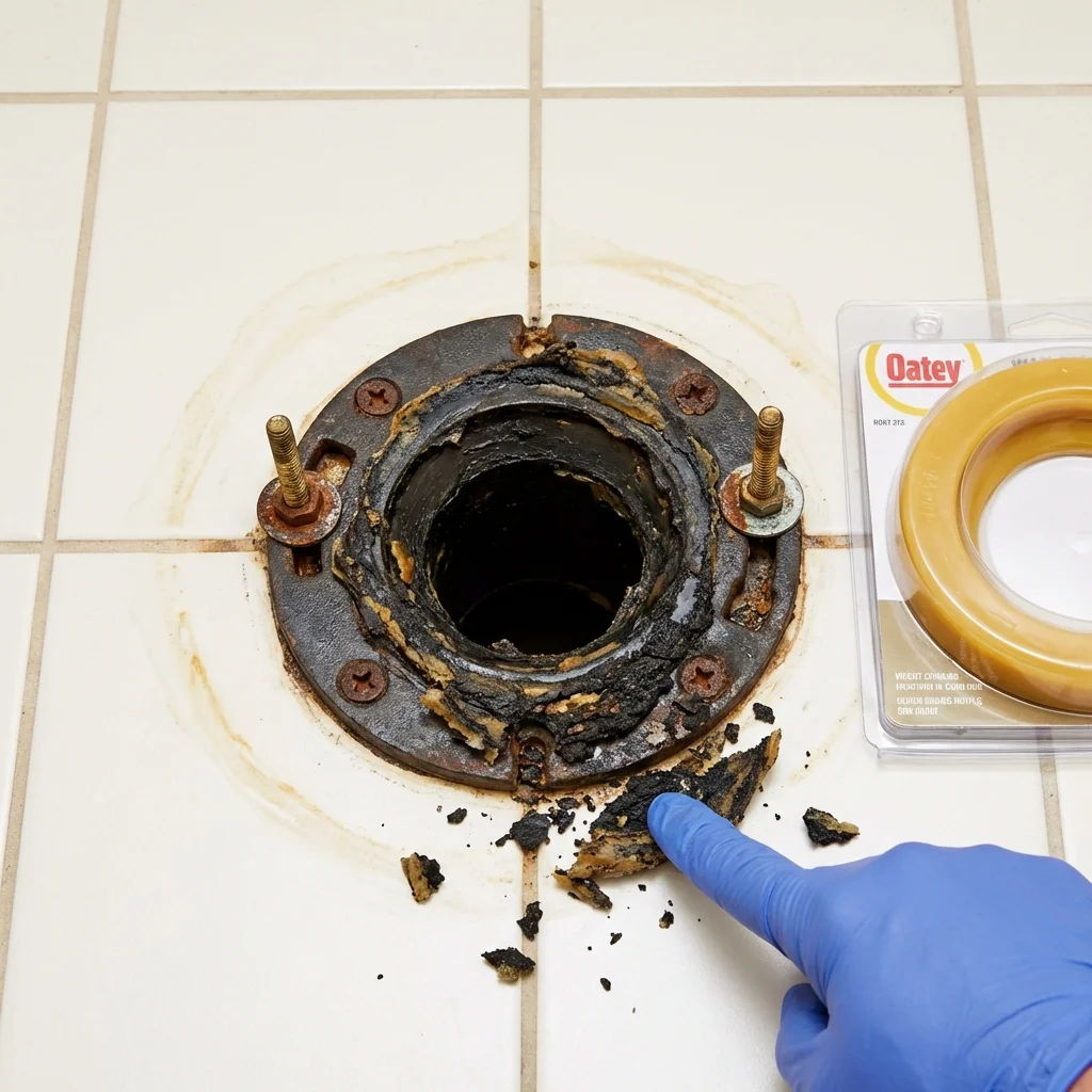 Failed wax ring showing water seepage at the base of a toilet in a Maxton, NC home