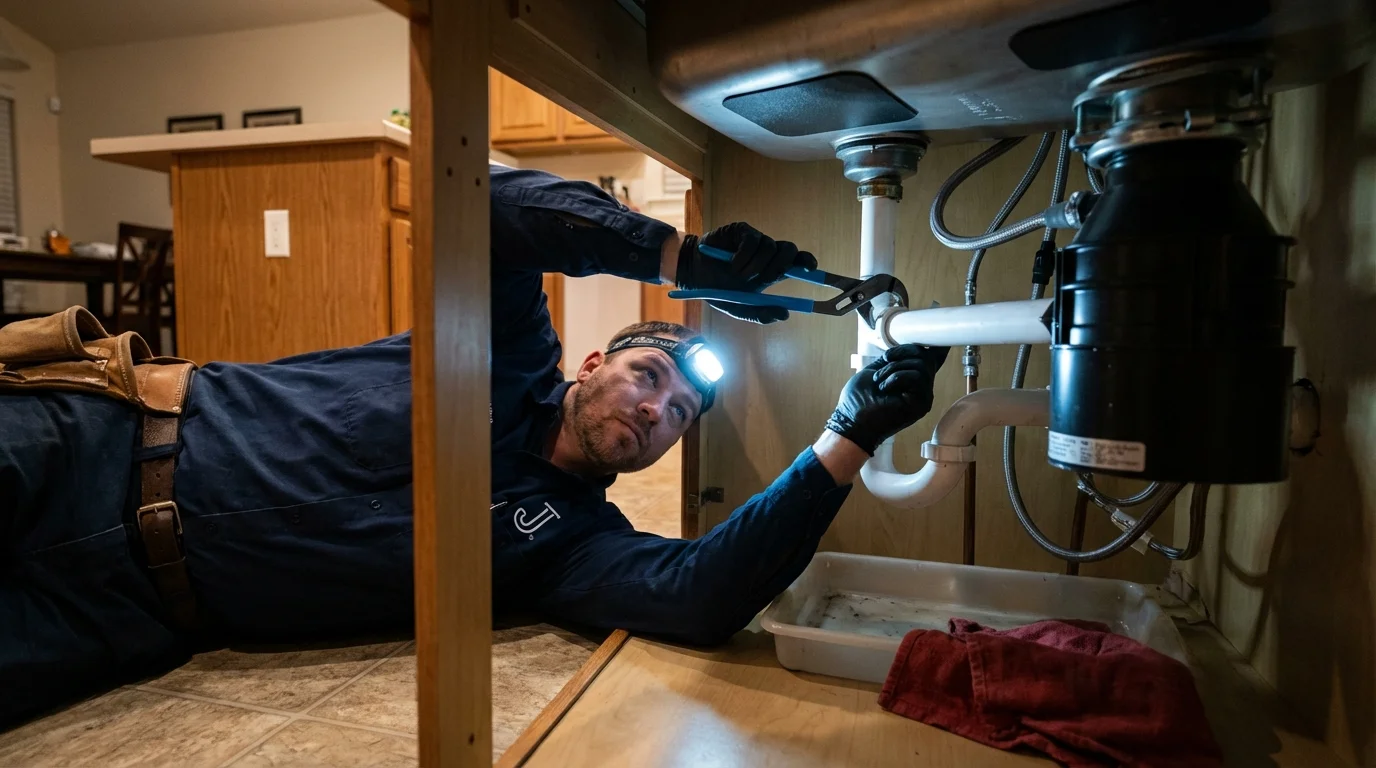 P-trap and supply line connections under a kitchen sink showing a common leak point in Maxton, NC